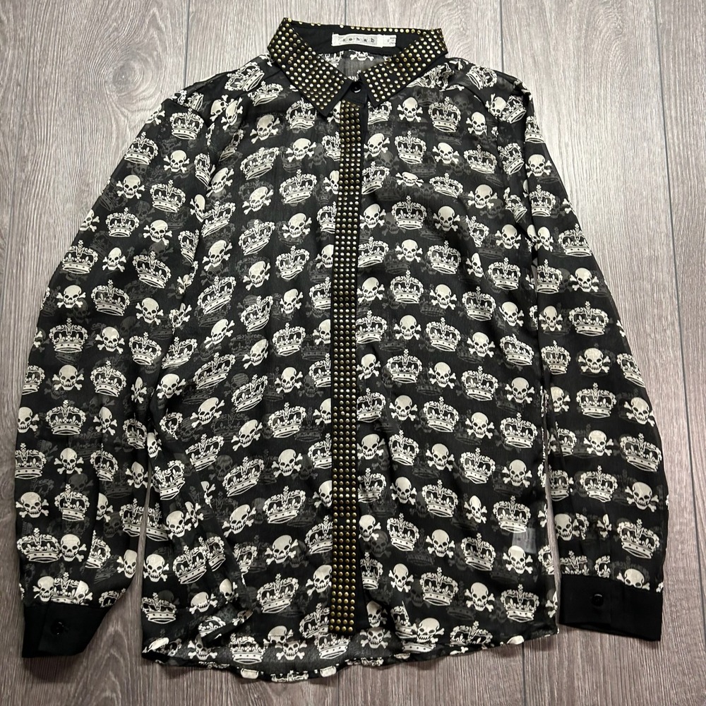 Rehab Vintage Y2K Mesh Sheer Skull Crown Studded Button Down Top Black Medium